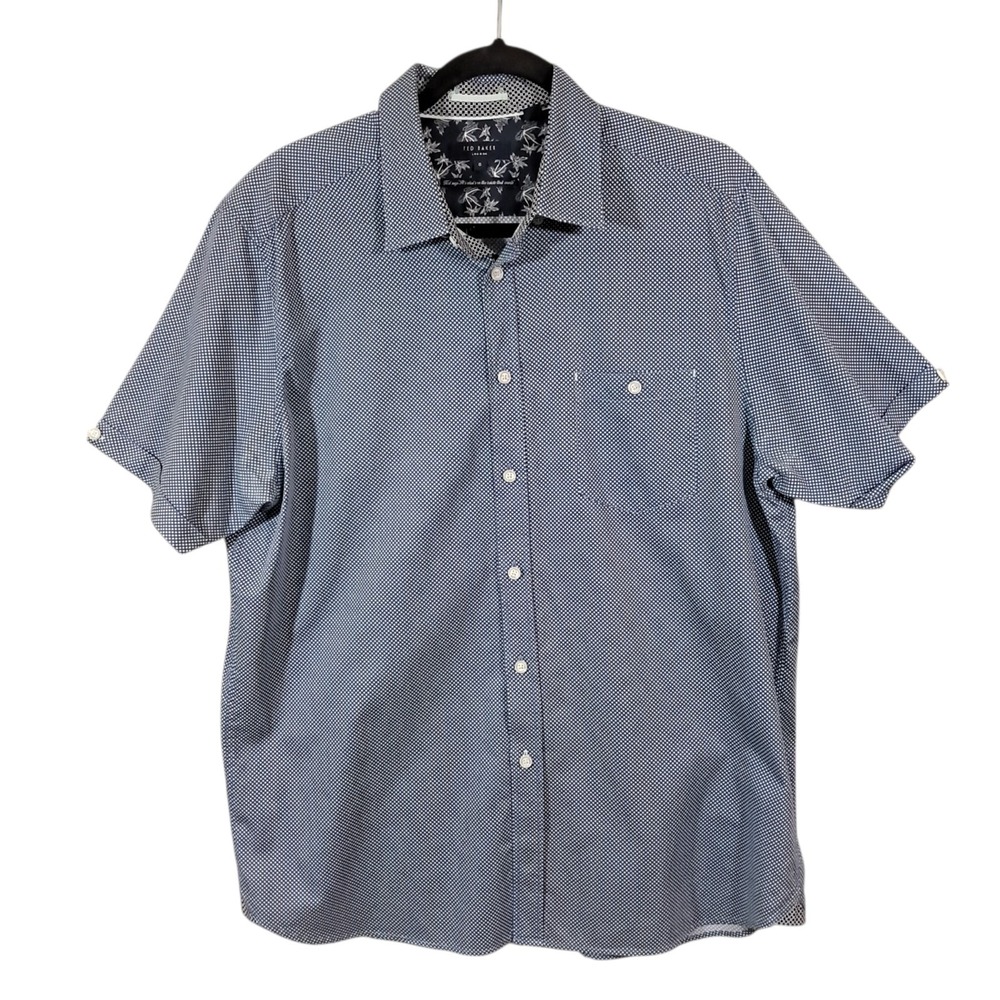 Ted Baker Shirt Mens 6 XL Short Sleeve Blue Geometric Slim Office Pocket Cotton